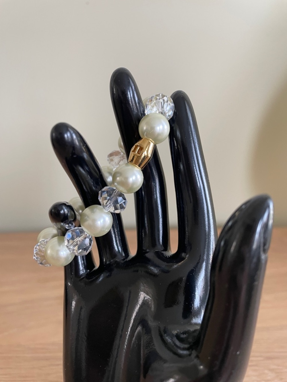 HAND CRAFTED FAUX PEARL & CLEAR CRYSTAL STRETCH BRACELET Cream Pearls Bridal - Picture 9 of 14